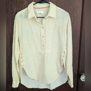 Anthropologie Button Side Striped Textured Shirt, Women's Plus Size Small Cotton